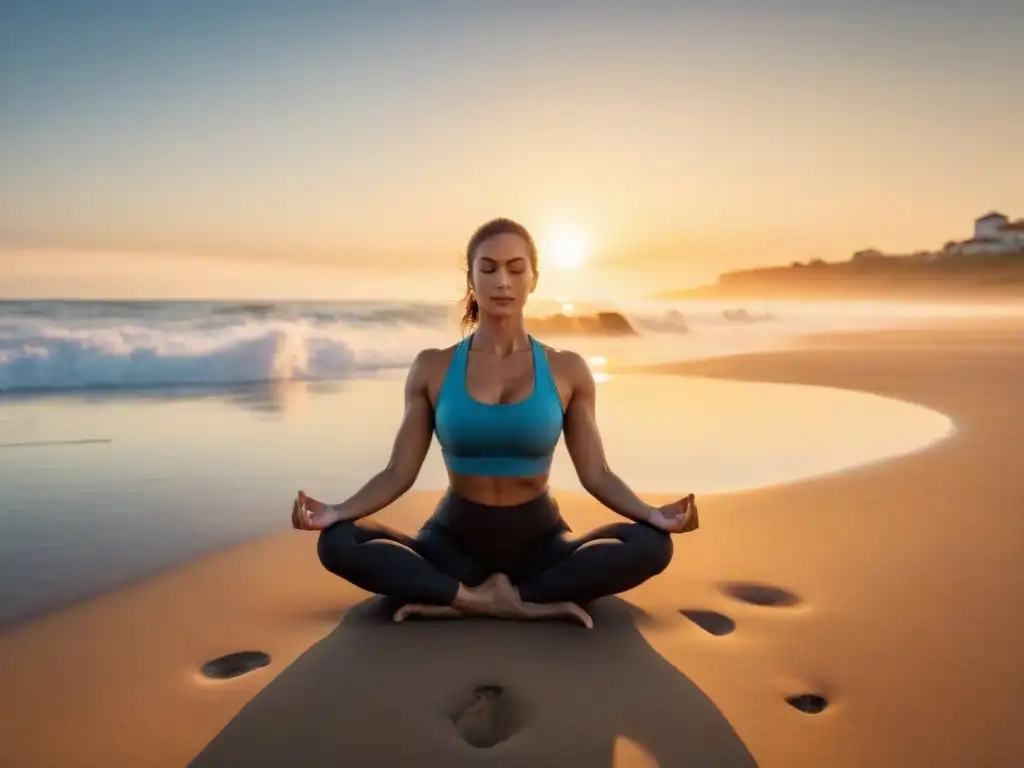 Persona practicando yoga en playa de Uruguay al atardecer, transmitiendo paz y armonía