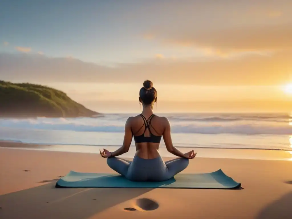 Persona practicando yoga en la playa de Uruguay al atardecer, transmitiendo calma y bienestar integral en Uruguay económico