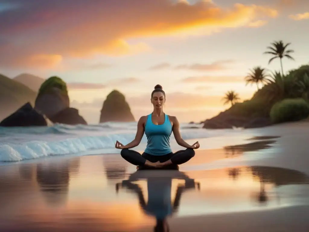 Persona practicando yoga en la playa al atardecer en Uruguay, clave para mantener bienestar en Uruguay