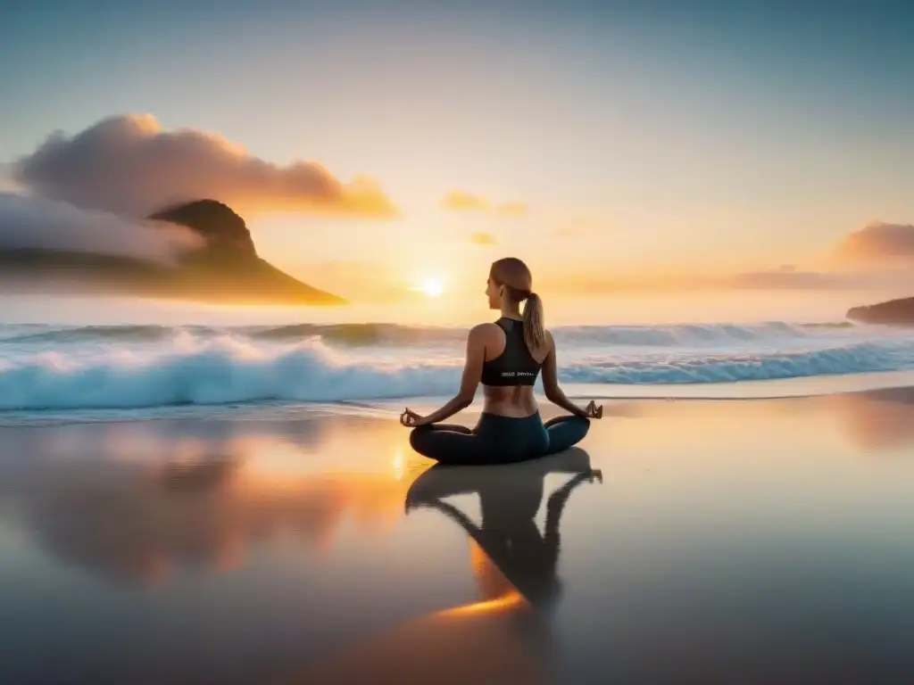 Persona practicando yoga en la playa de Uruguay al amanecer, relación bienestar físico salud financiera