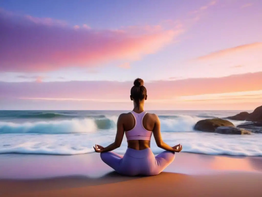 Persona practicando yoga al amanecer en una playa de Uruguay, transmitiendo calma y equilibrio, ideal para la salud mental