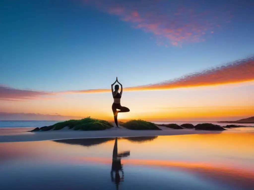 Persona practicando yoga en playa de Uruguay al amanecer, reflejando colores del cielo en el agua calmada, rodeada de plantas nativas