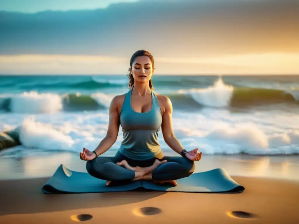 Persona practicando yoga en la playa de Uruguay, bienestar físico y tranquilidad financiera