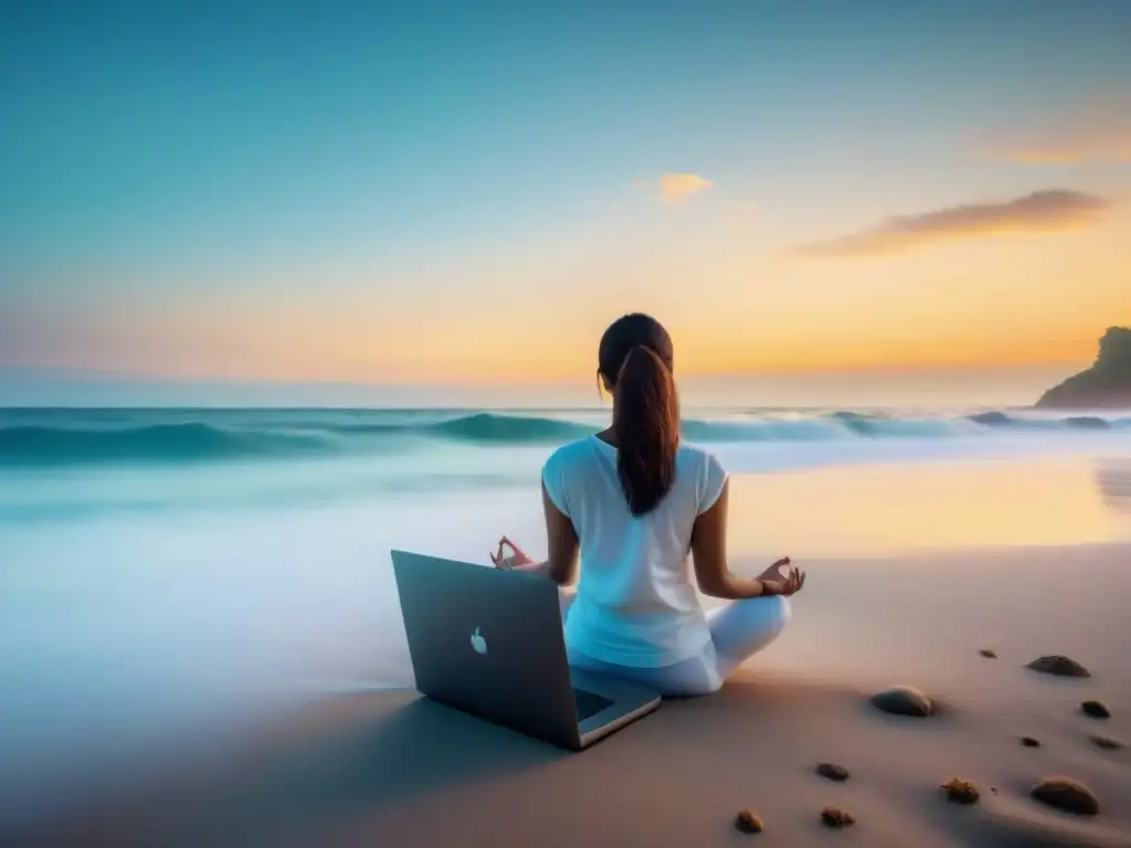 Persona practicando yoga en la playa al amanecer, con laptop cerrada a un lado, simbolizando retiros digitales bienestar integral en Uruguay