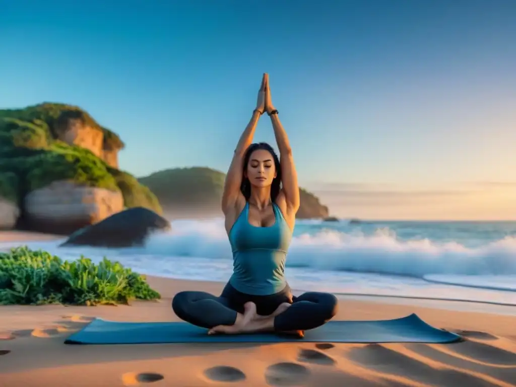 Persona practicando yoga en la playa al amanecer en Uruguay, con olas calmadas y cielo azul, representando el turismo saludable en Uruguay