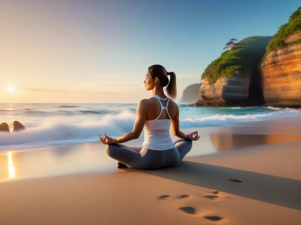 Persona practicando yoga en la playa al amanecer, con olas calmadas y sol radiante