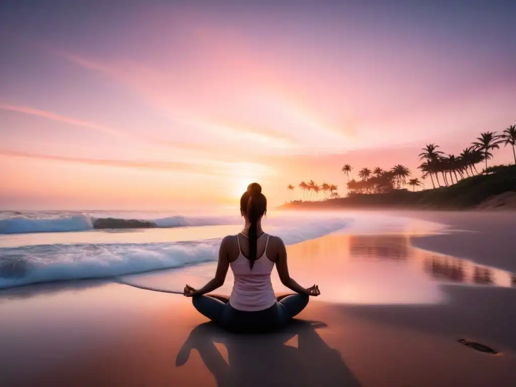 Persona practicando yoga en playa uruguaya al amanecer, con palmeras y olas suaves