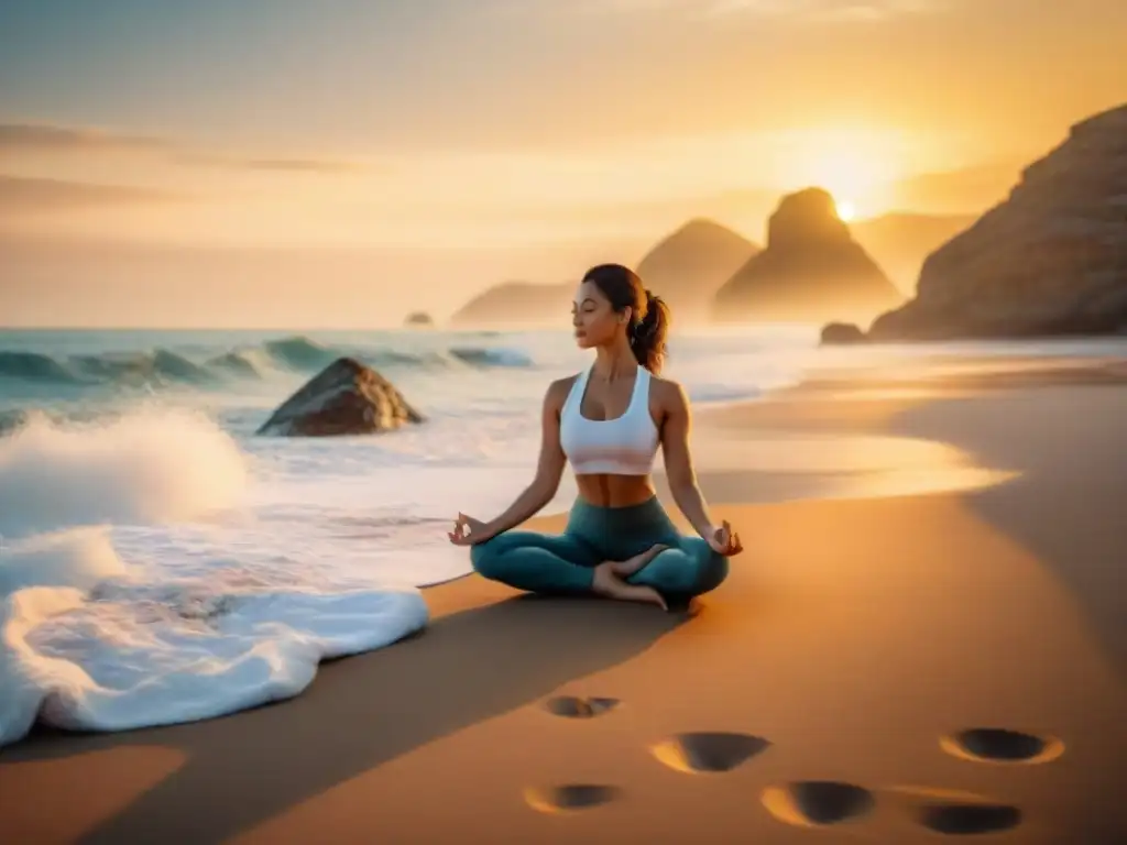 Persona practicando yoga en la playa al amanecer, transmitiendo paz y fortaleza interior