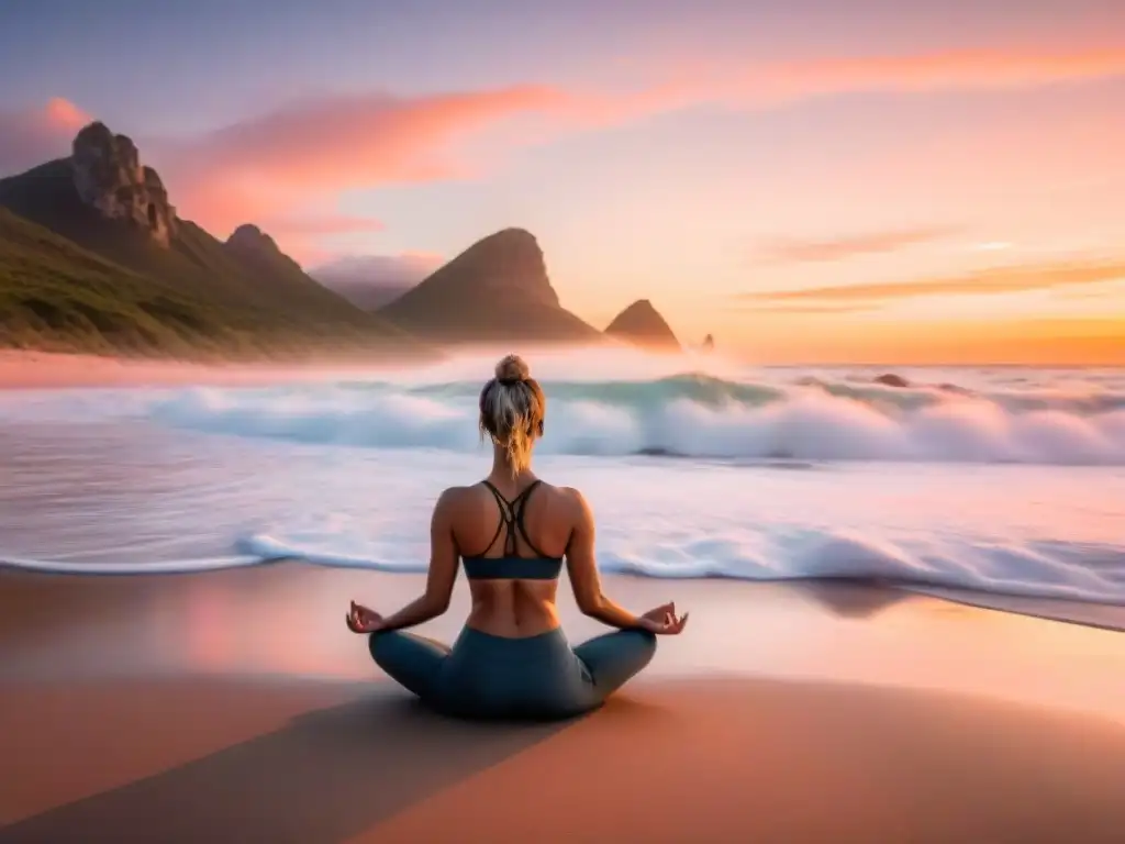 Persona practicando yoga en la playa uruguaya al amanecer, reflejando paz y tranquilidad