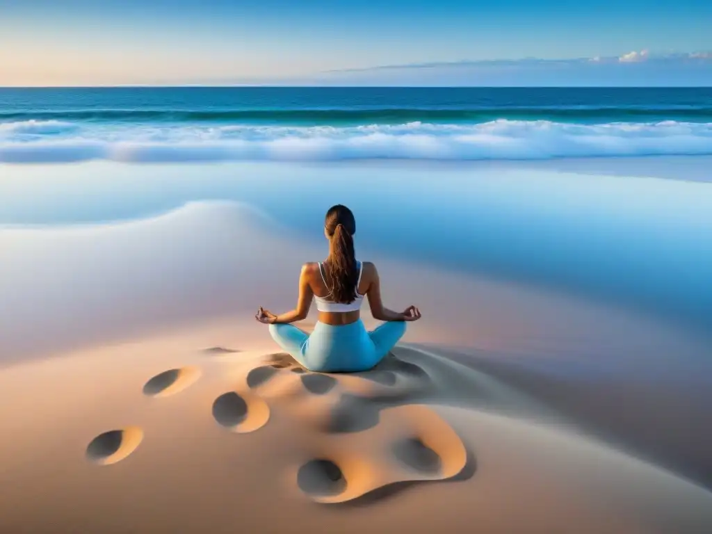 Persona practicando yoga en playa de Punta del Este, Uruguay