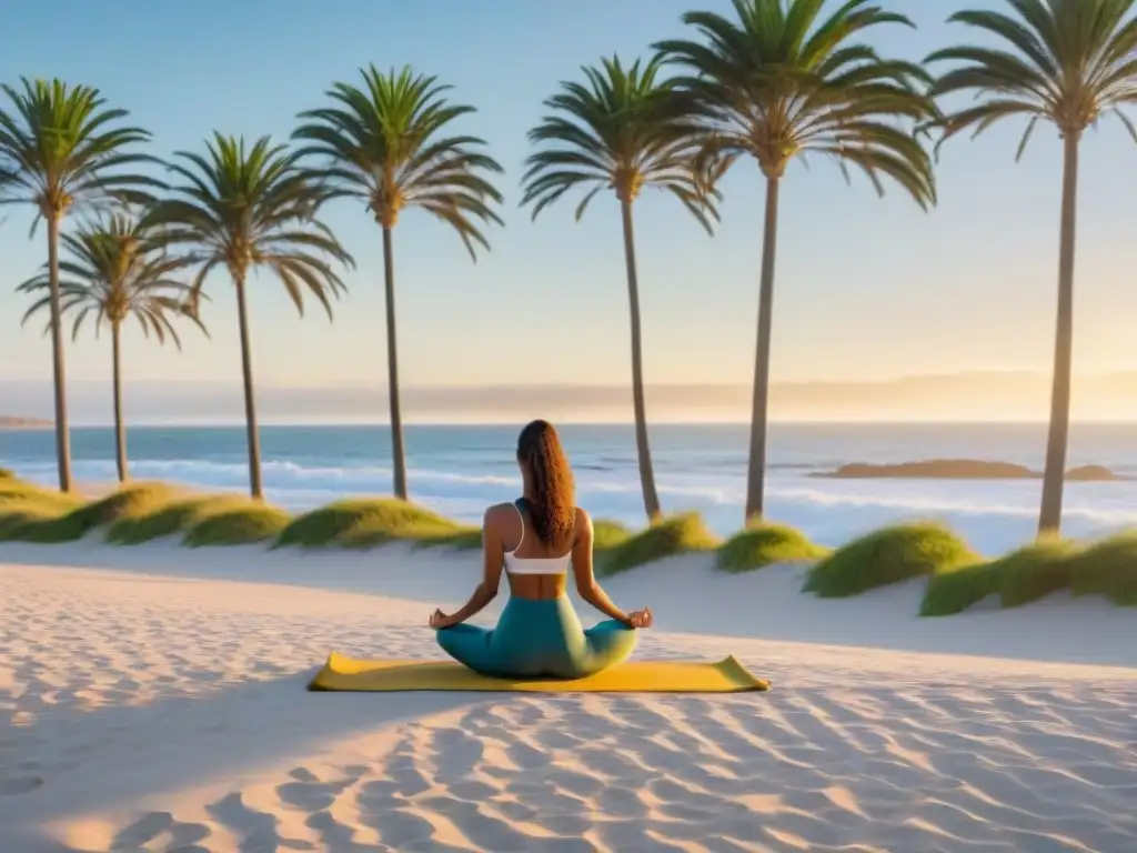 Persona practicando yoga en la playa de Punta del Este al amanecer, rodeada de palmeras verdes y el mar tranquilo