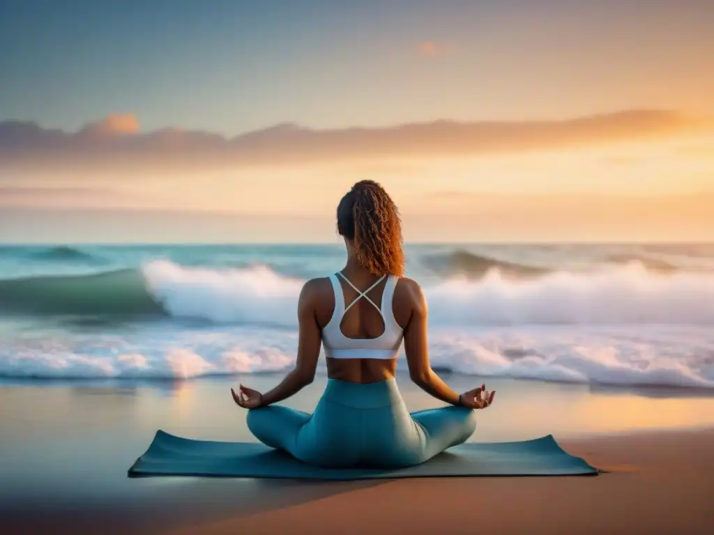 Persona practicando yoga al amanecer en una playa de Uruguay, reflejos coloridos en el agua, paz y tranquilidad, manejo del dolor crónico Uruguay