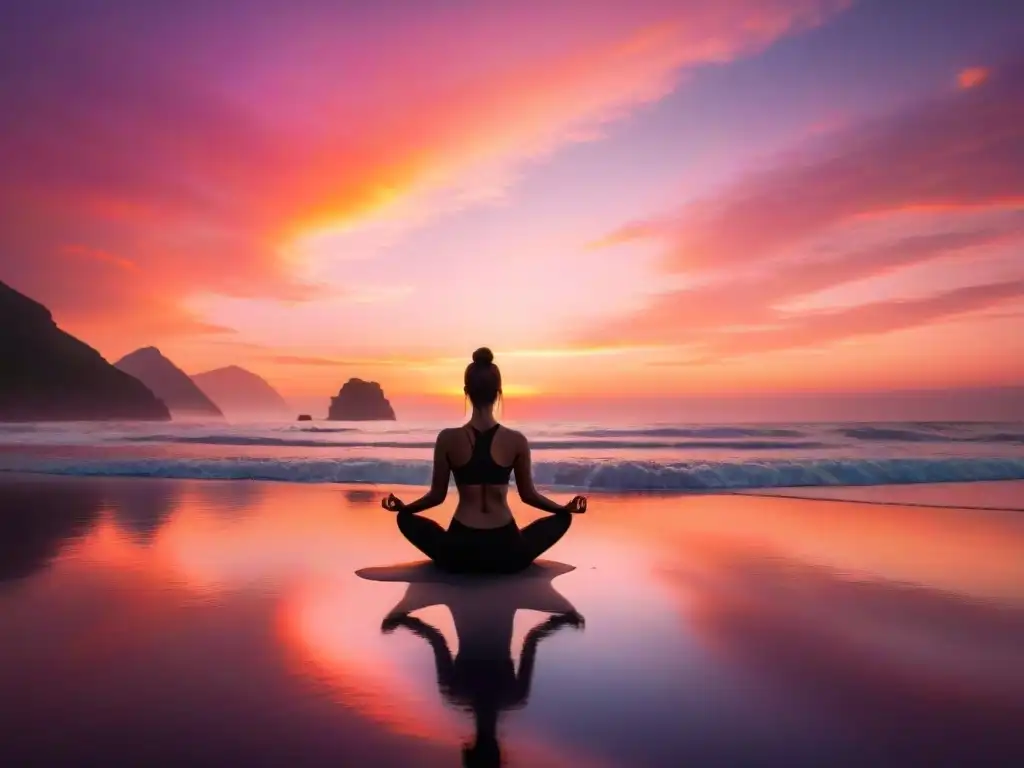 Persona practicando yoga en playa al amanecer, reflejos anaranjados y rosados en agua, transmitiendo serenidad