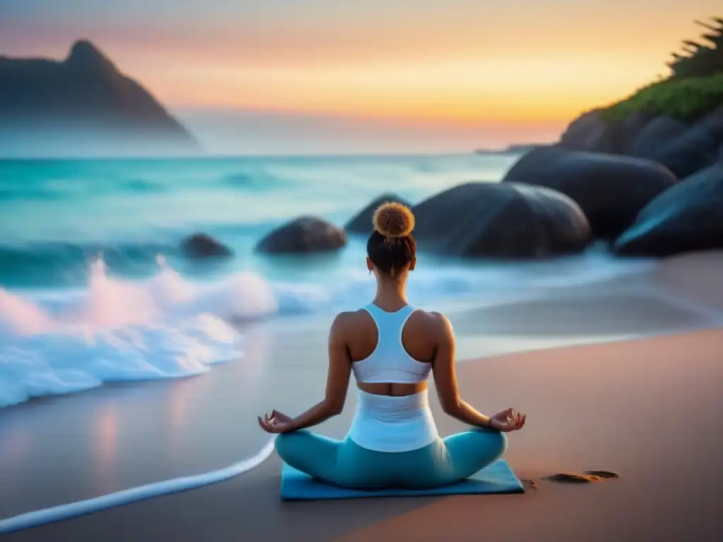 Persona practicando yoga en la playa al amanecer, rodeada de olas y cielo colorido, reflejando relajación y bienestar integral postCarnaval