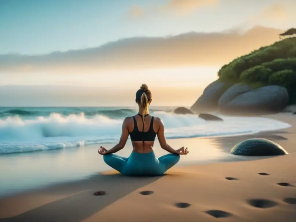 Persona practicando yoga al amanecer en la playa de Uruguay, rodeada de vegetación exuberante y el sonido calmante de las olas