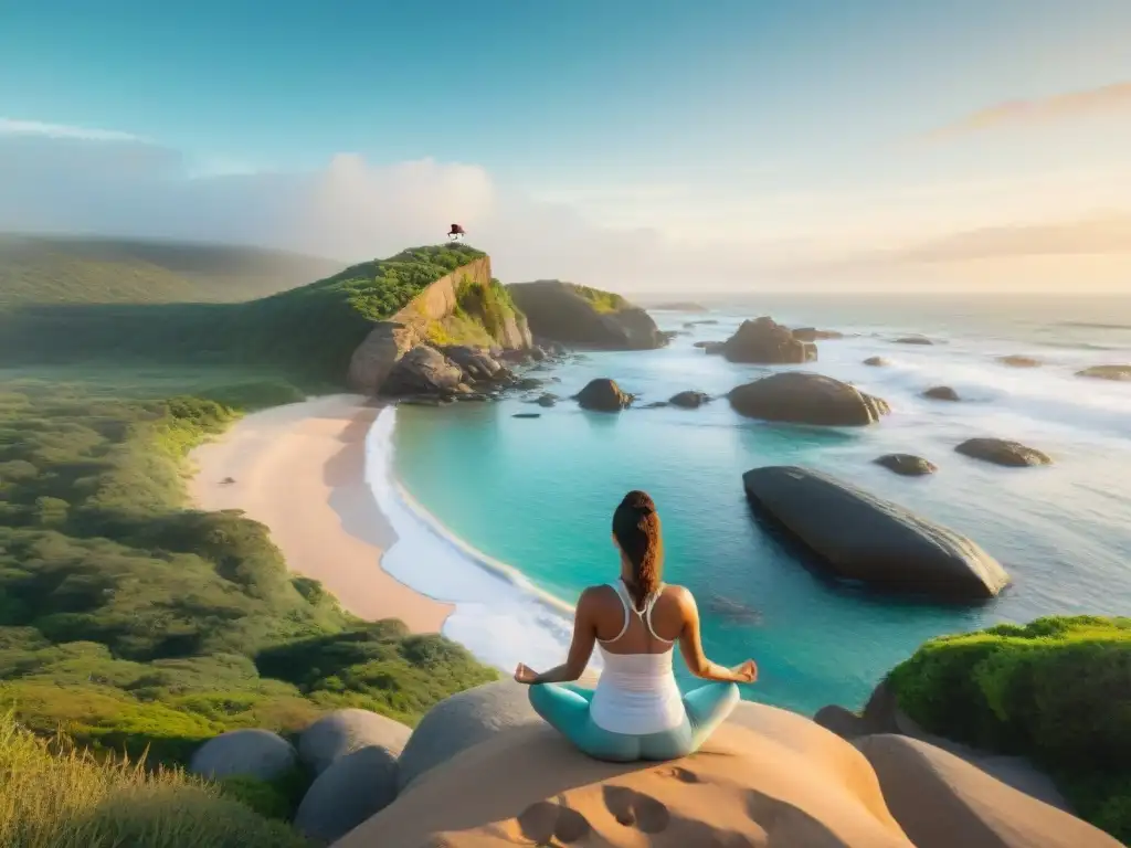 Una persona practicando yoga en una playa de Uruguay, rodeada de vegetación y con vista al mar, transmitiendo paz y bienestar