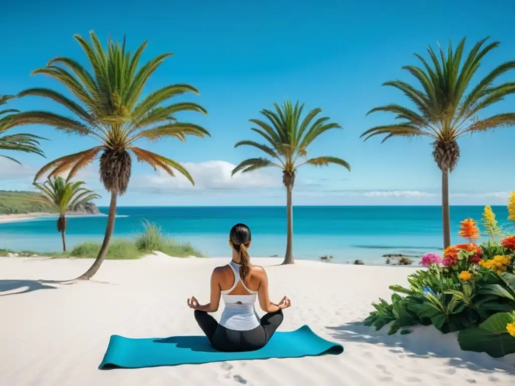 Persona practicando yoga en una playa serena de Uruguay, transmitiendo equilibrio entre bienestar financiero y salud física