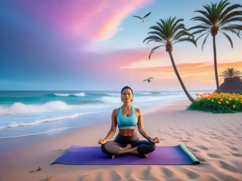 Persona practicando yoga en una playa serena de Uruguay al amanecer, rodeada de palmeras y flores vibrantes