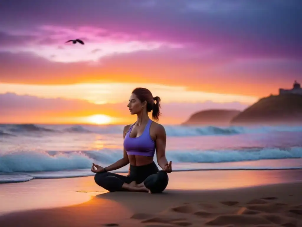 Persona practicando yoga en una playa serena de Uruguay al atardecer, bajo una luz dorada