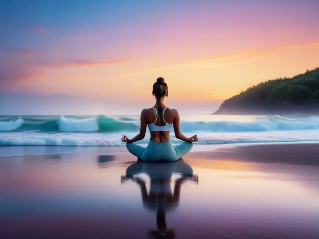 Persona practicando yoga en la playa al amanecer, transmitiendo serenidad y bienestar integral postCarnaval