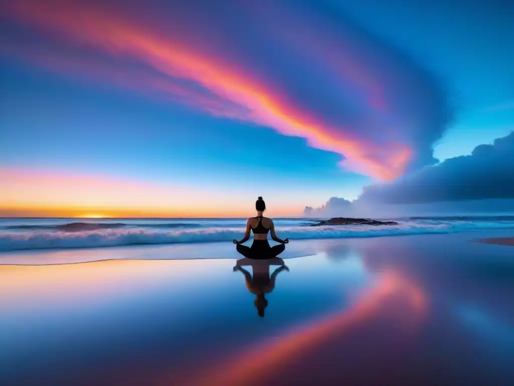 Persona practicando yoga en la playa al amanecer en Uruguay, transmitiendo serenidad y equilibrio