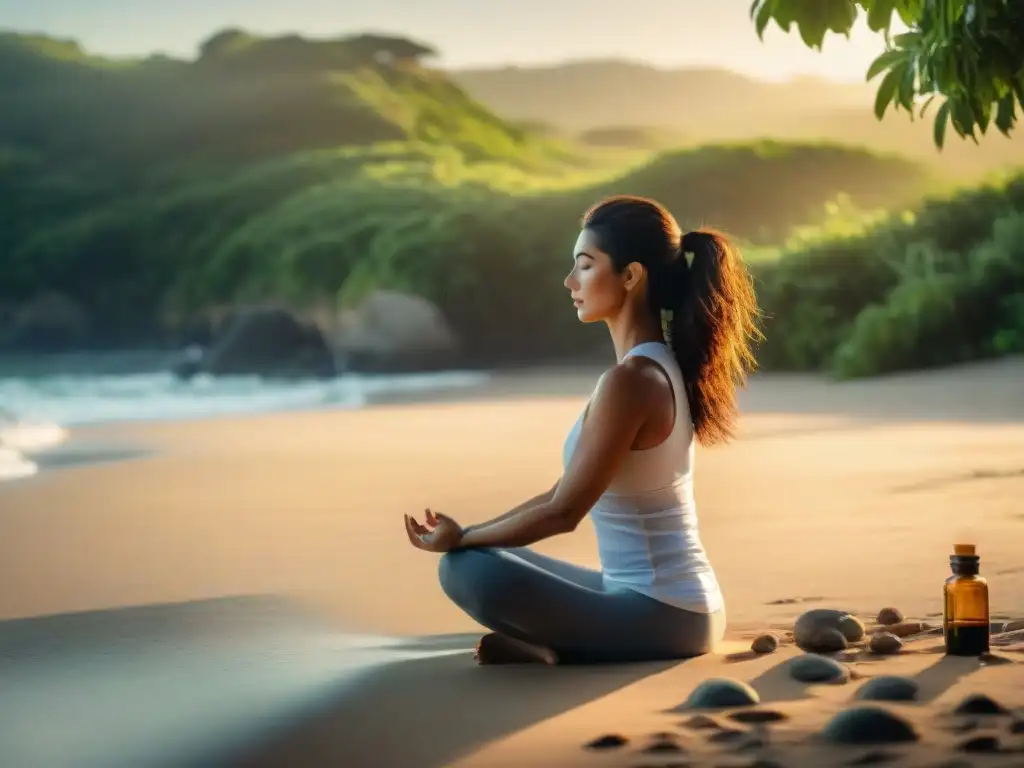 Persona practicando yoga en una playa tranquila de Uruguay, rodeada de vegetación y olas, con suplementos naturales para resistir estrés