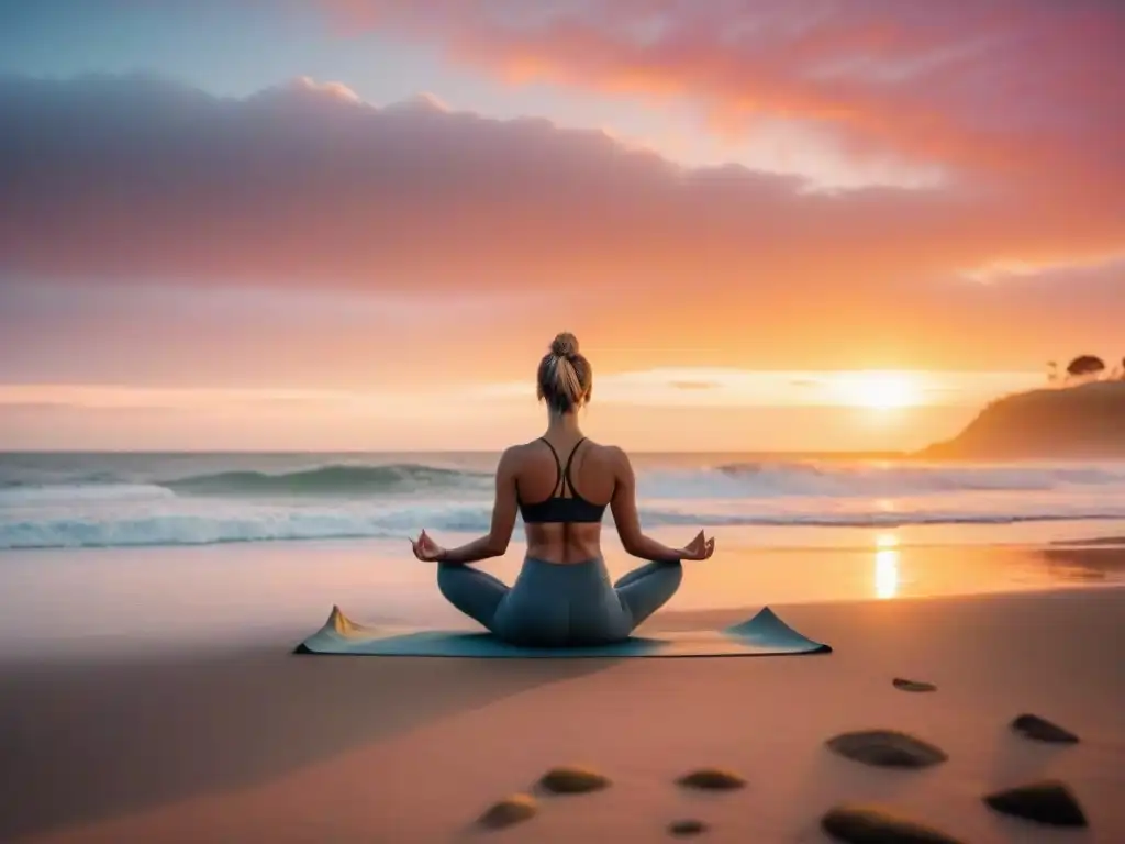 Persona practicando yoga en una playa tranquila de Uruguay al atardecer, desarrollando resiliencia en la calma del entorno natural