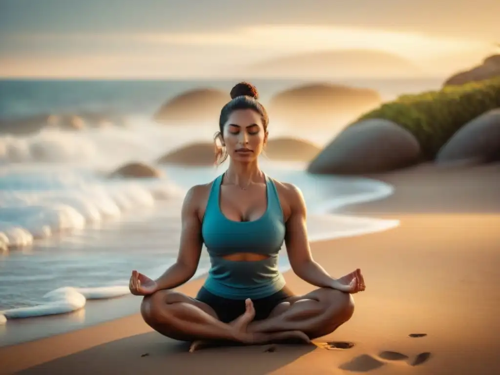 Persona practicando yoga en una playa tranquila de Uruguay al atardecer, equilibrio entre bienestar mental y físico