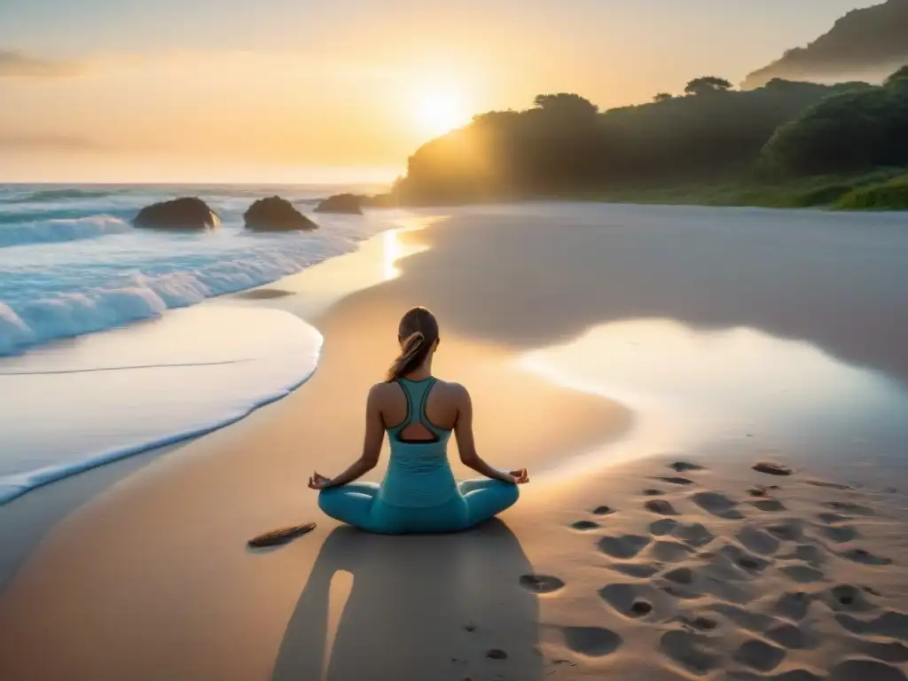 Persona practicando yoga en una playa uruguaya al amanecer, rodeada de naturaleza