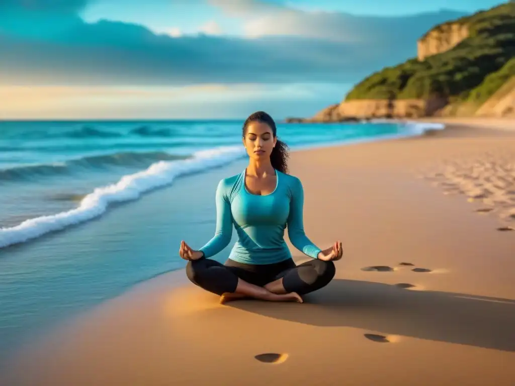 Persona practicando yoga en playa uruguaya, simbolizando relación bienestar físico salud financiera Uruguay