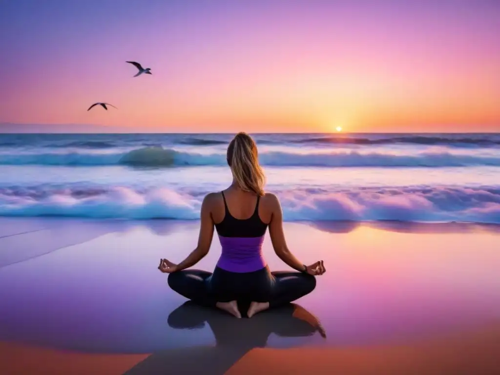 Persona practicando yoga al amanecer en Rocha, Uruguay, rodeada de gaviotas en una playa tranquila con un cielo colorido