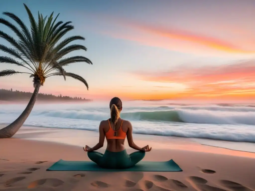 Persona practicando yoga en la serena playa de Uruguay al atardecer para combatir ansiedad vida Uruguay