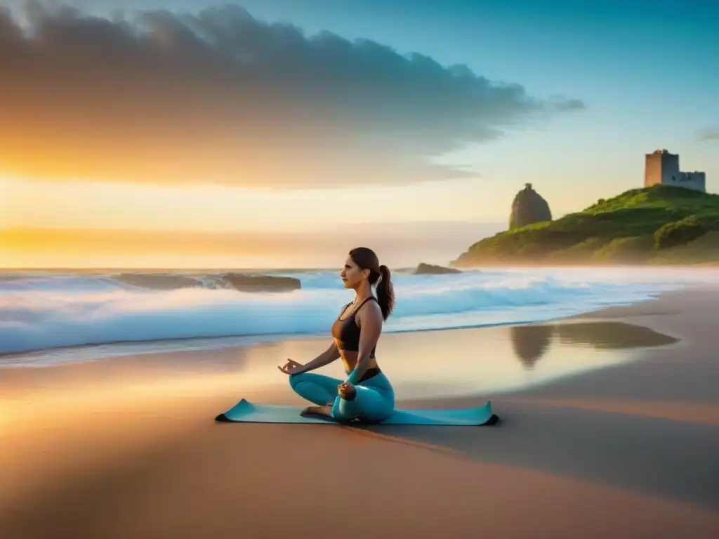 Persona practicando yoga al amanecer en la serena playa de Uruguay, rodeada de vegetación exuberante y olas tranquilas