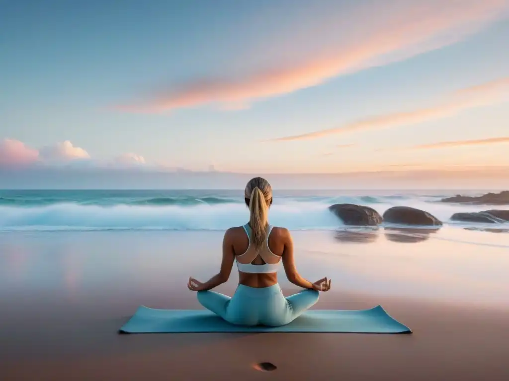 Persona practicando yoga al amanecer en la tranquila playa uruguaya, simbolizando calma y equilibrio para combatir ansiedad vida Uruguay