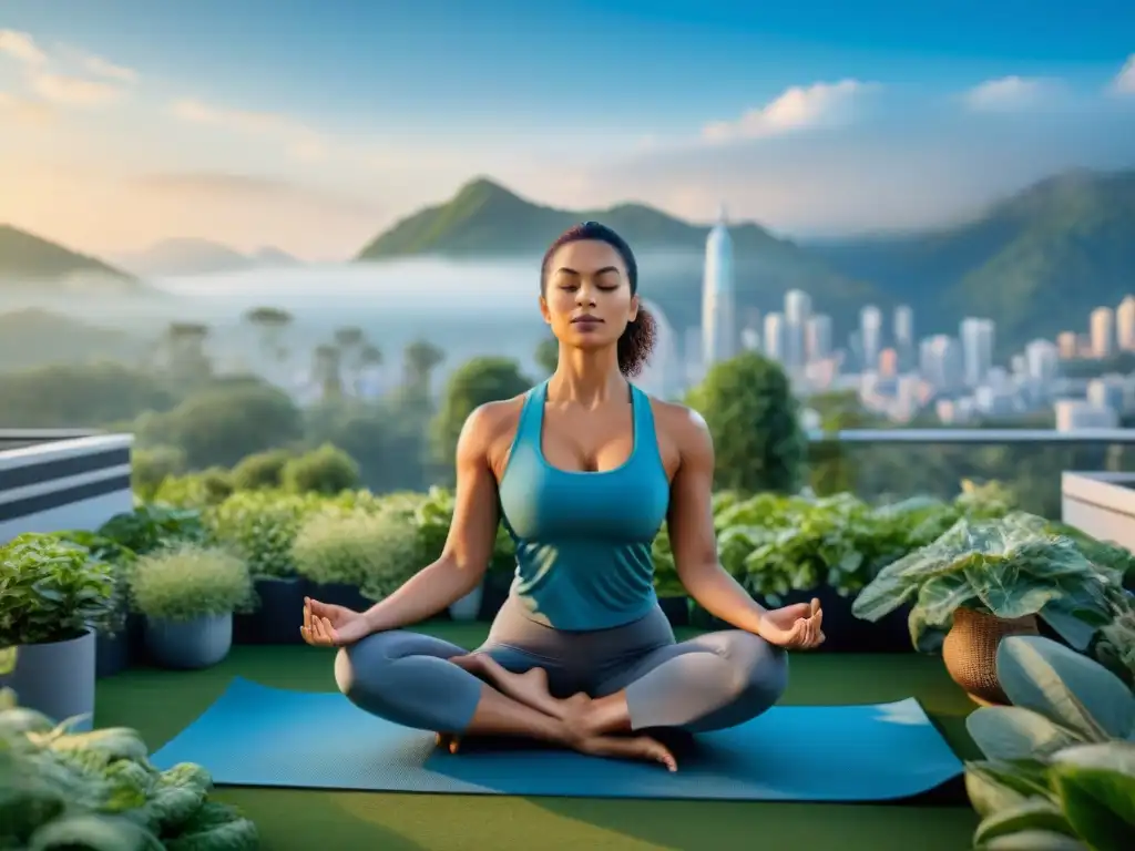 'Persona practicando yoga en jardín urbano, simbolizando equilibrio