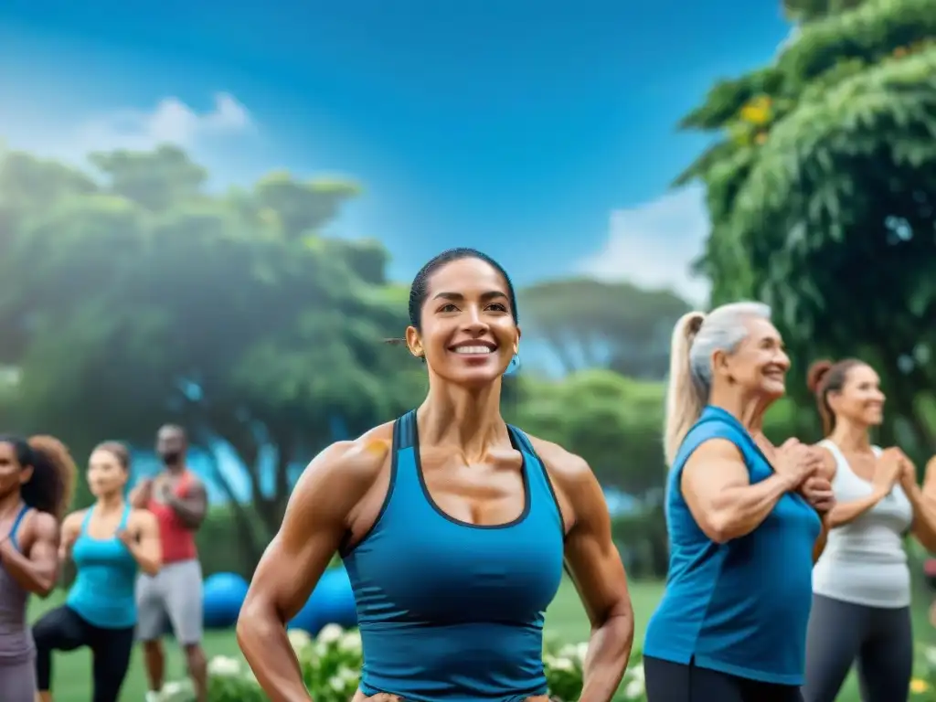 Diversas personas ejercitándose al aire libre en un parque de Uruguay, mostrando consejos prevención lesiones ejercicio