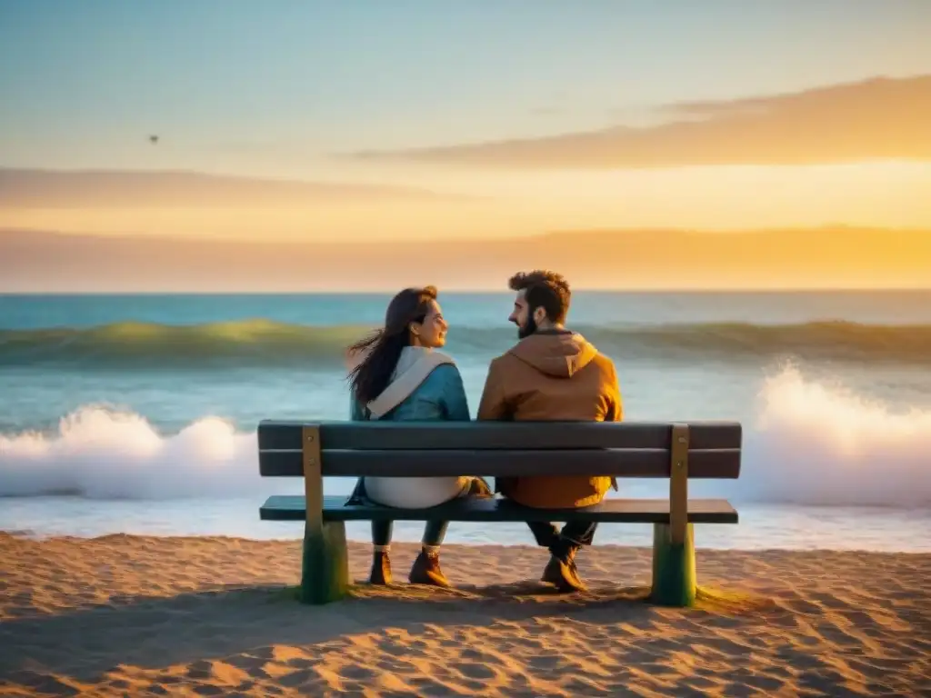 Dos personas conversan en un banco frente al mar en Montevideo, Uruguay, con el atardecer iluminando el horizonte