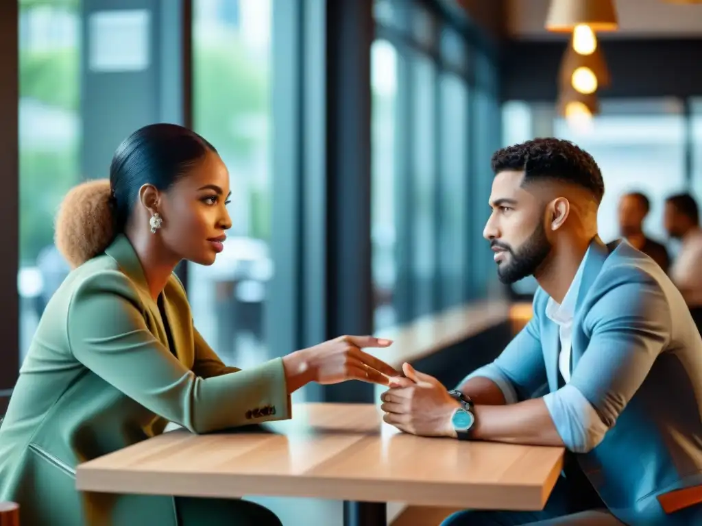 Dos personas conversando en un café moderno, demostrando la importancia del lenguaje no verbal en las relaciones