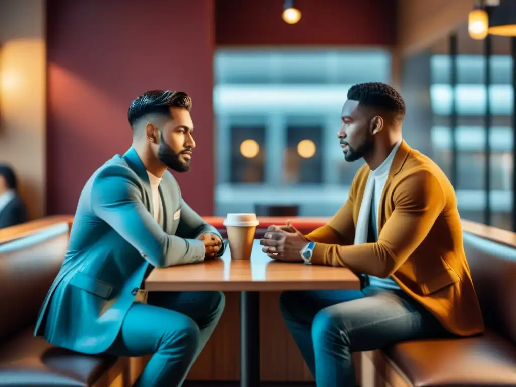 Dos personas conversando en una cafetería moderna, enfatizando la importancia del lenguaje no verbal en relaciones