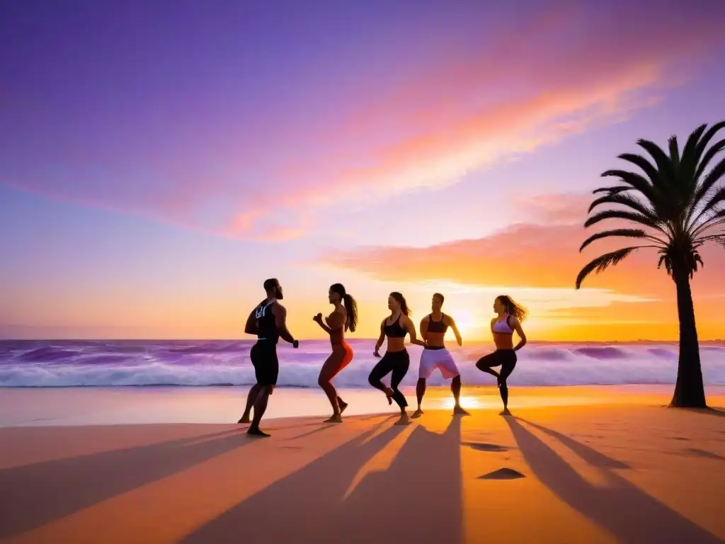 Personas practicando capoeira en la playa de Punta del Este al atardecer, creando una atmósfera mágica para actividades físicas en Uruguay