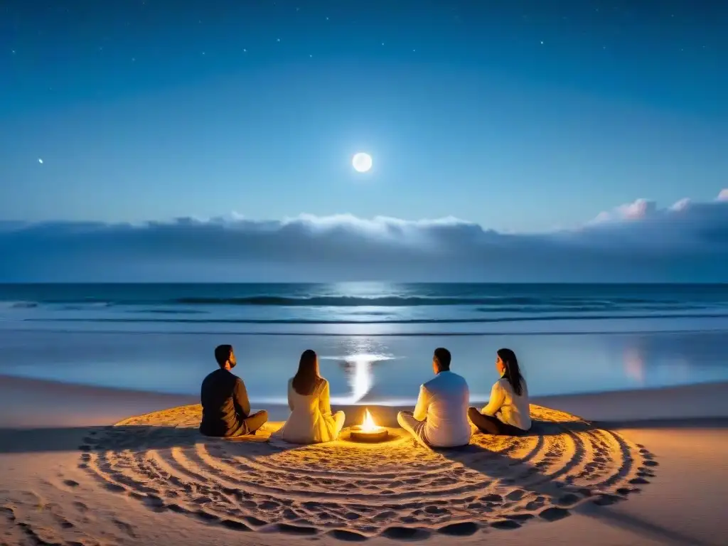 Personas meditan en círculo en la playa de Uruguay bajo la luna llena, creando un ambiente místico y sereno