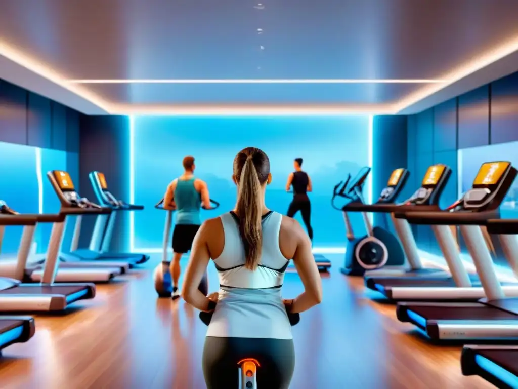 Personas diversas disfrutan de actividades de bienestar en un gimnasio futurista con softwares de bienestar en Uruguay