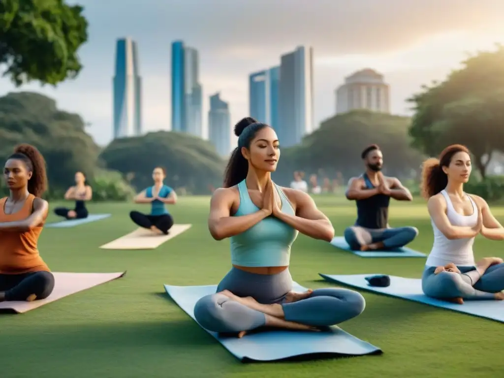 Personas diversas disfrutan de actividades de bienestar en un parque verde en Uruguay, promoviendo el Seguro de Salud Bienestar Integral