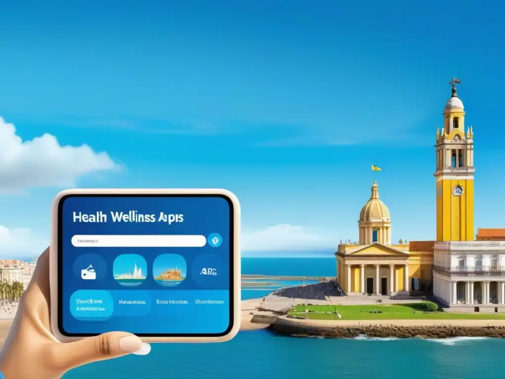 Personas diversas en Uruguay usan apps salud bienestar frente a icónicos paisajes de Montevideo