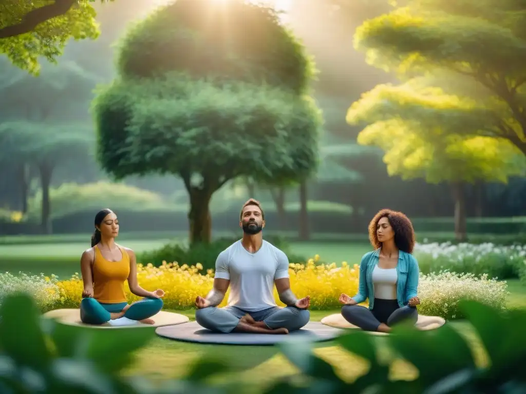 Personas diversas practican mindfulness para el bienestar uruguayo en un parque verde y soleado