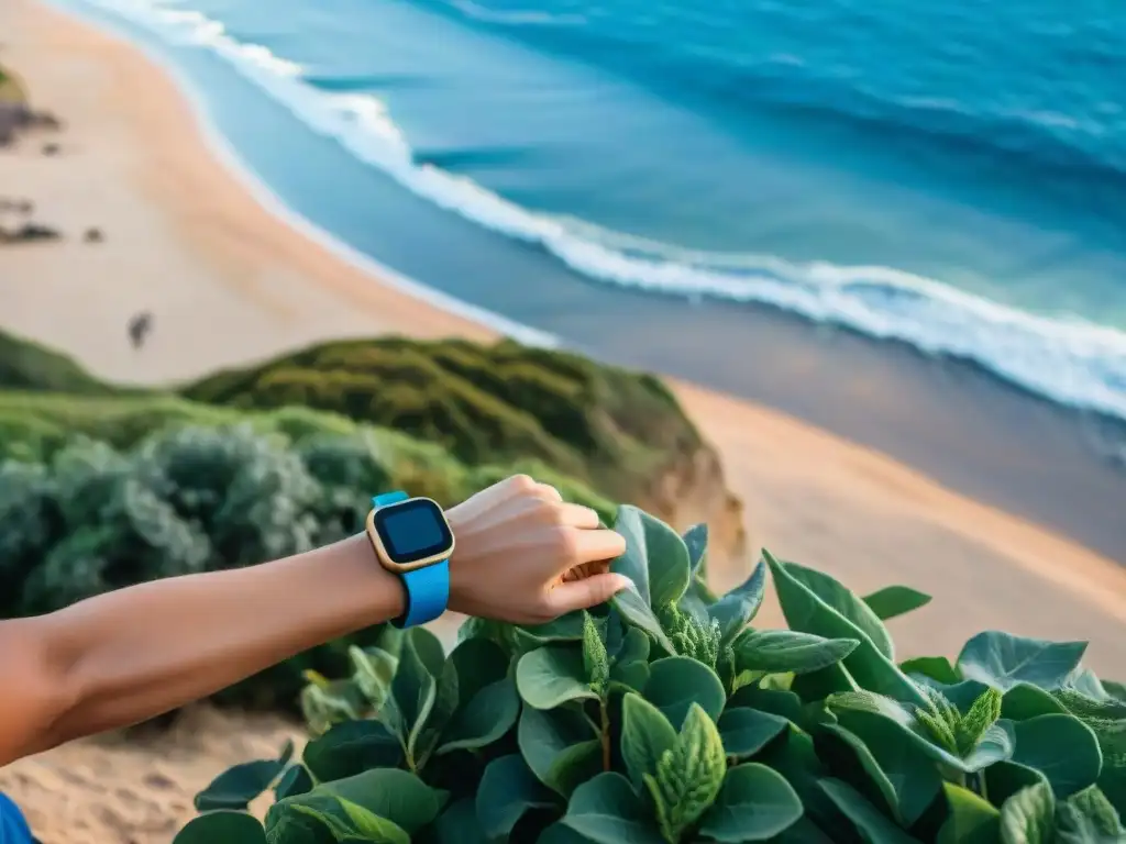 Personas diversas haciendo ejercicio en la costa de Uruguay con dispositivos de fitness, reflejando un estilo de vida saludable y activo