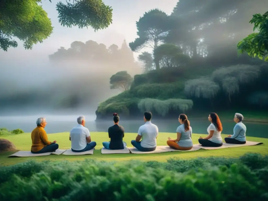 Personas diversas practican meditación en un entorno natural en Uruguay, transmitiendo paz y unidad