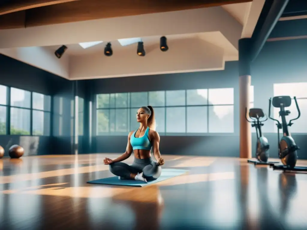 Personas diversas en un gimnasio moderno con vibrante atmósfera, practicando yoga, pesas y running