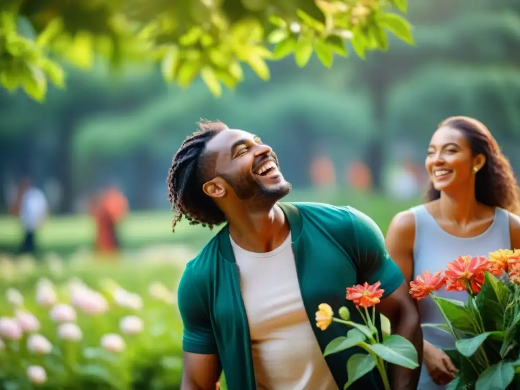 Personas diversas riendo juntas en un parque soleado, mostrando los beneficios de reír para salud