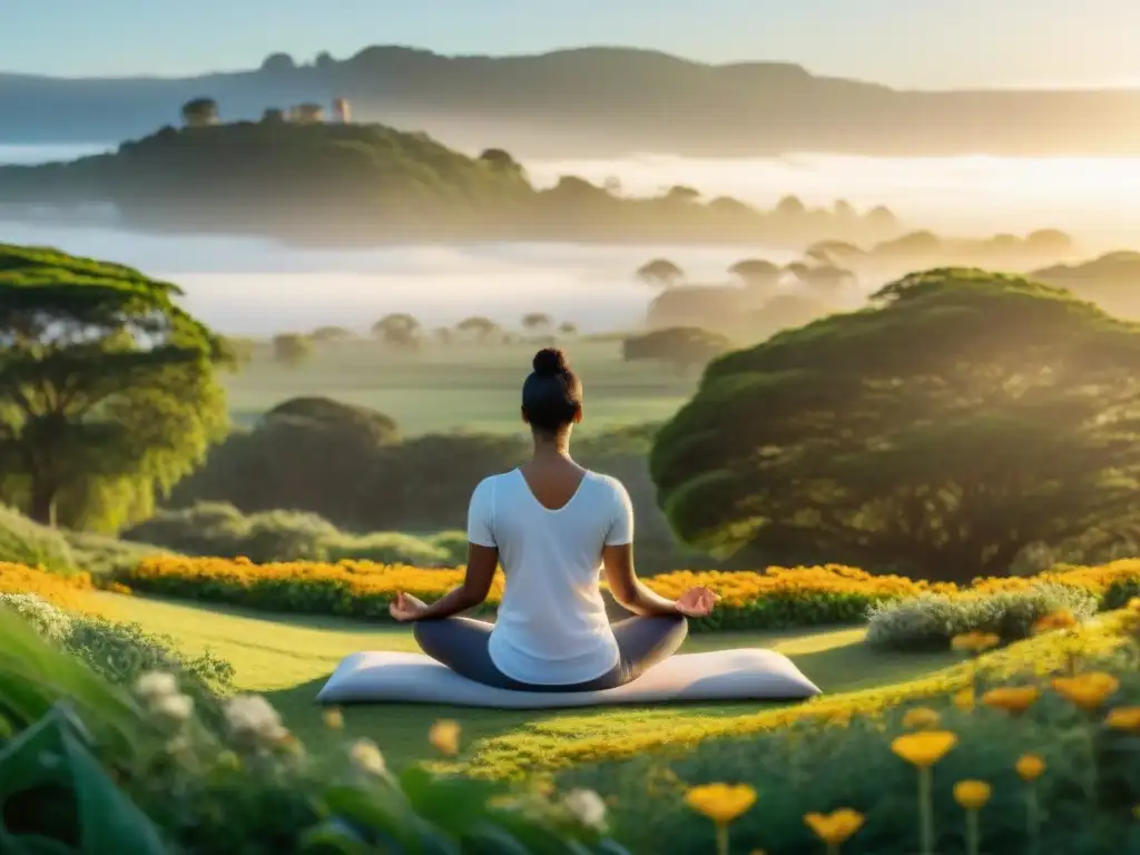 Personas diversas meditando en un parque de Uruguay al atardecer, creando una atmósfera de paz y bienestar